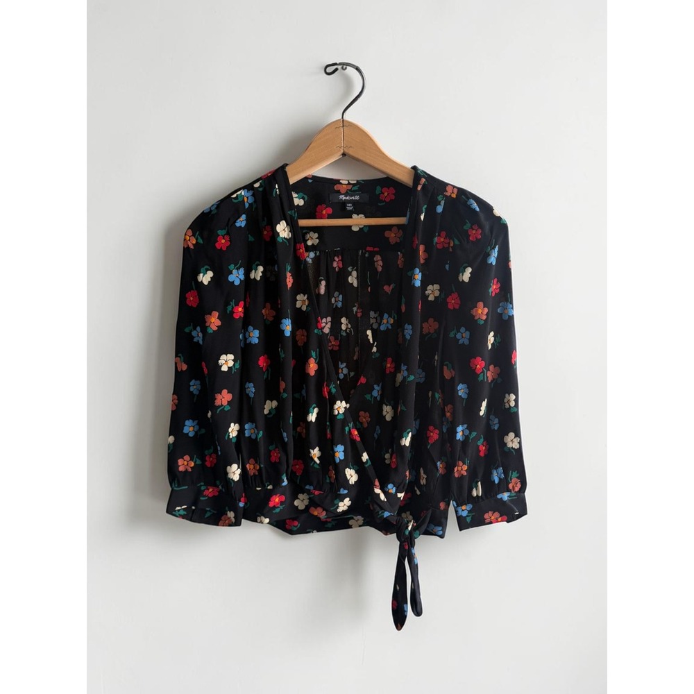 Madewell Black Floral Wrap Tie Top XXS Surplice V-Neck 3/4 Sleeve Blouse